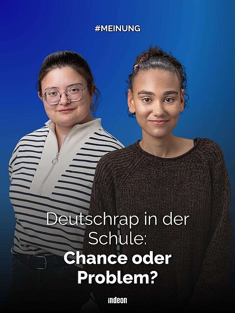 Zwei Frauen vor blauem Hintergrund. Text: Deutschrap in der Schule: Chance oder Problem?