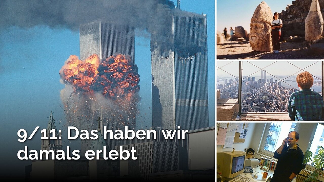 Collage aus 4 Bildern: Das brennende World-Trade-Center und 3 Fotos von damals von Stefanie, Jörn und Andreas