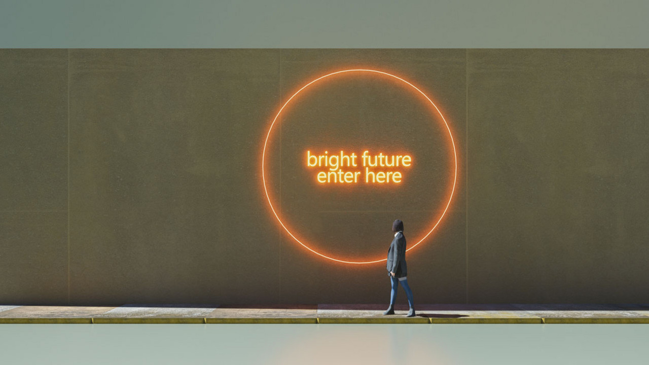 Großer runder Kreis mit den Worten: „bright future enter here“ in der Mitte