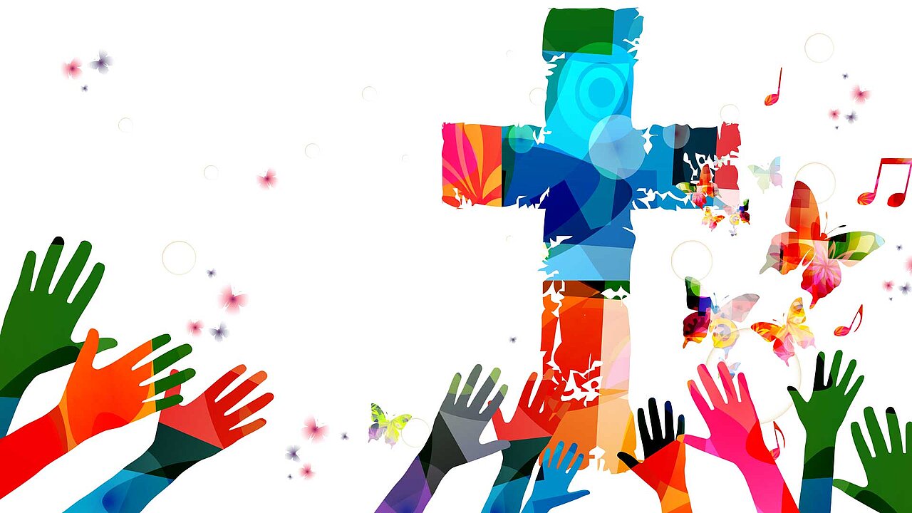 Buntes christliches Kreuz mit Musiknoten und Händen isolierte Vektorillustration. Hintergrund zum Thema Religion.