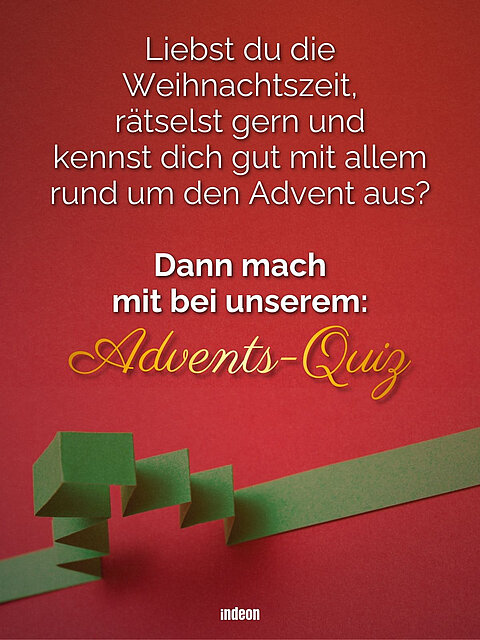 roter Hintergrund, unten ein kleiner Tannenbaum. Weiße Schrift: Mach mit beim indeon-Adventskalender 2025