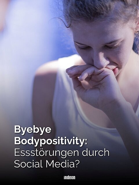Junge Frau in weißem Top, Text: „Byebye Bodypositivity: Essstörungen durch Social Media?“