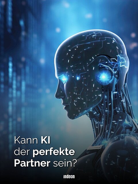 Seitliches Profil eines leuchtenden humanoiden Roboterkopfs vor blauem Datenhintergrund, Text: „Kann KI der perfekte Partner sein?“