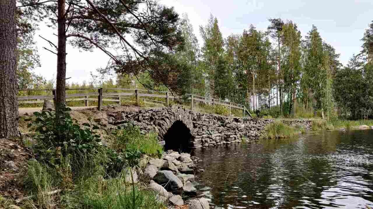 Zu sehen ist eine alte Steinbrücke, die über einen Fluss führt. Drum herum sind Nadelbäume zu sehen. 