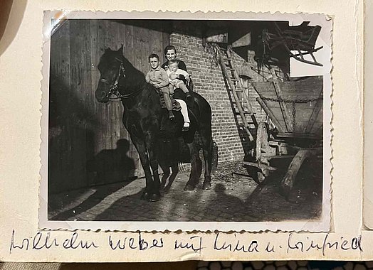 junge Frau auf einem Pferd mit zwei Kindern