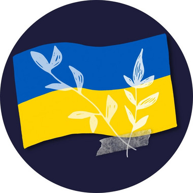 Flagge der Ukraine auf dunklem Grund mit 2 Zweigen draufgeklebt