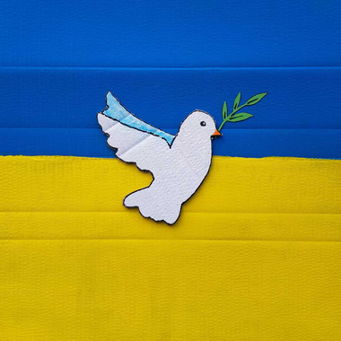 Die ukrainische Flagge mit der Friedenstaube in der Mitte.