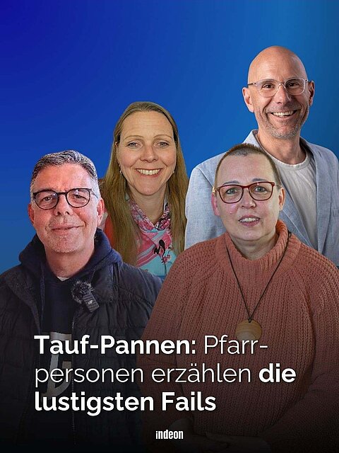 Vier Personen, zwei Frauen und zwei Männer vor blauem Hintergrund. Text: Tauf-Pannen: Pfarrpersonen erzählen die lustigsten Fails