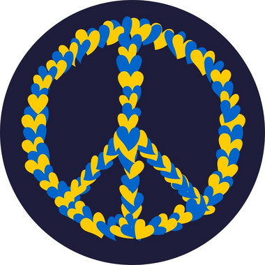 Herzen in den Farben der Flagge der Ukraine in Form des Peace-Zeichens