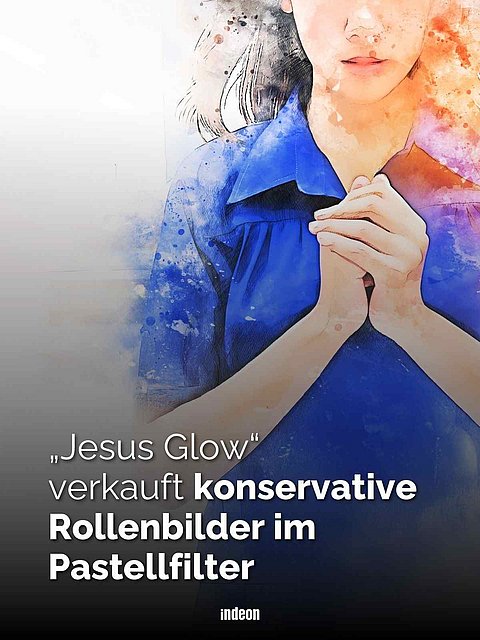 Text: „Jesus Glow“ verkauft konservative Rollenbilder im Pastellfilter. Im Hintergrund eine angedeutete Frau, die betet.  