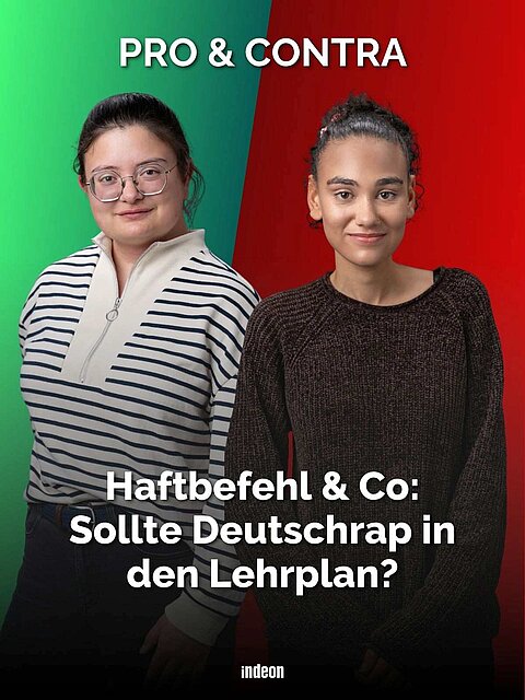 Grün/Rot geteilter Hintergrund. Davor zwei Frauen. Text: Pro & Contra. Haftbefehl und Co: Sollte Deutschrap in den Lehrplan?