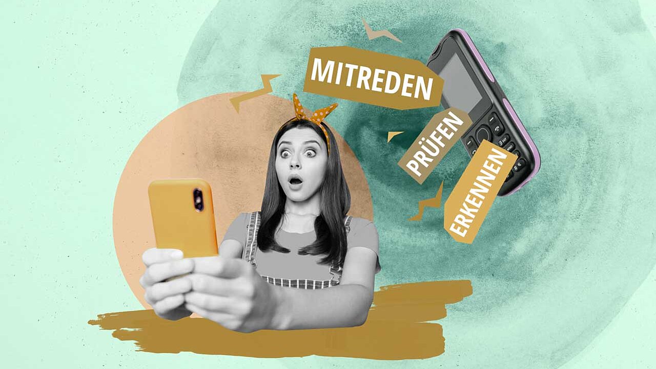 Collage einer jungen Frau auf grünem Hintergrund, sie hält ein Smartphone im Hintergrund ein altes Handy, dazu die Begfriffe "Mitreden, pr