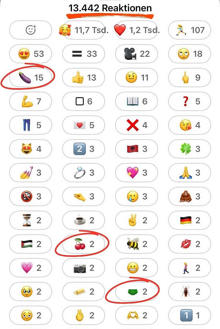 Screenshot einer Übersicht von 13.422 Emoji-Reaktionen zu einem Beitrag. Darunter 15 Auberginen 2 Kirchen 2 Unterhosen