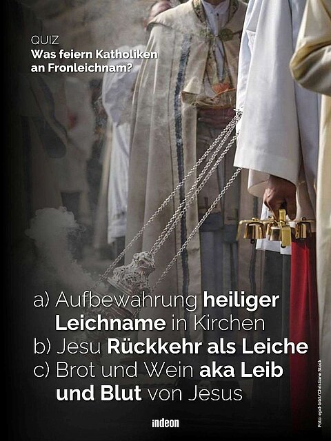 Quizgrafik mit Priestern im Weihrauchnebel. Frage: Was feiern Katholiken an Fronleichnam? a) Aufbewahrung heiliger Leichname in Kirchen b) Jesu Rückkehr als Leiche c) Brot und Wein aka Leib und Blut von Jesus