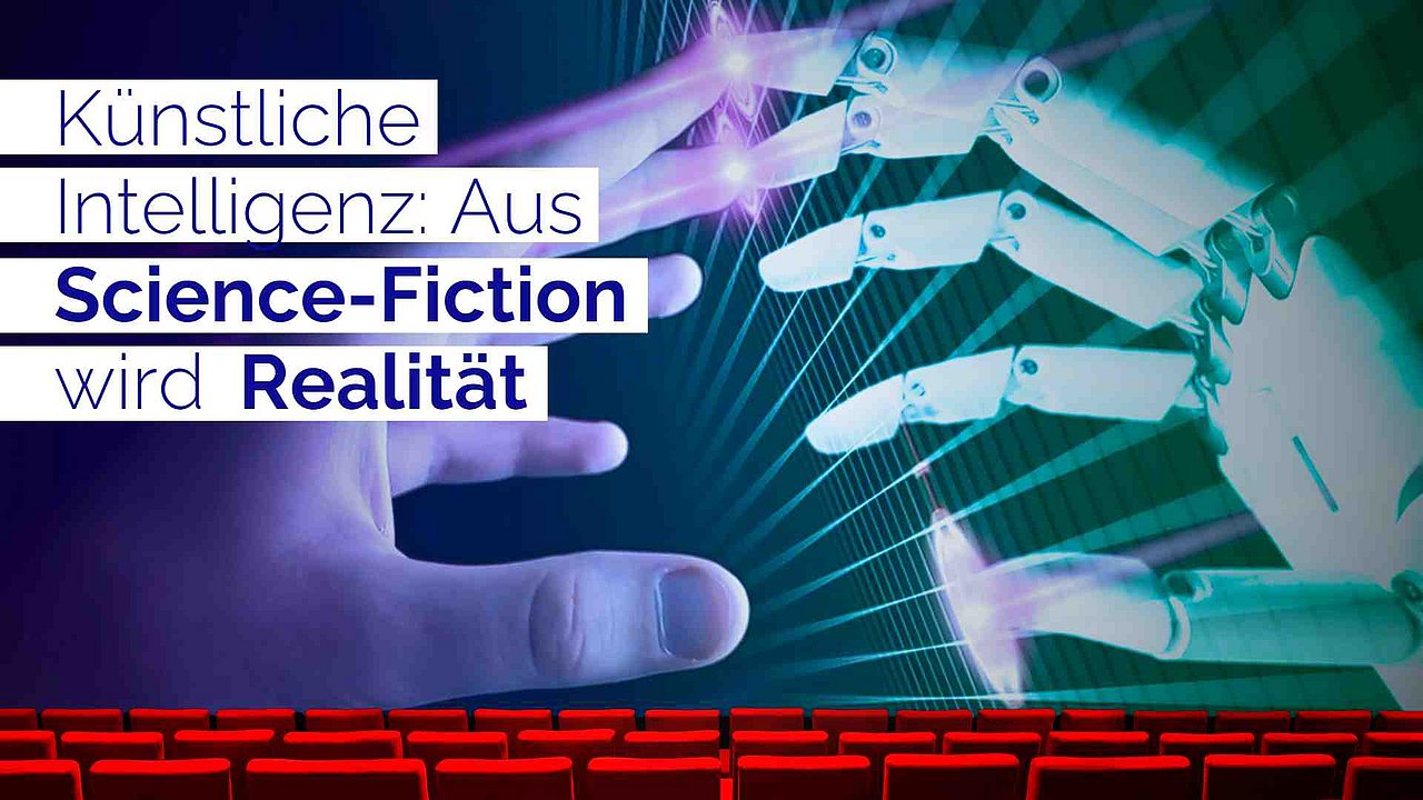 Menschliche Hand berührt eine Roboterhand. Dadurch entstehen Blitze.