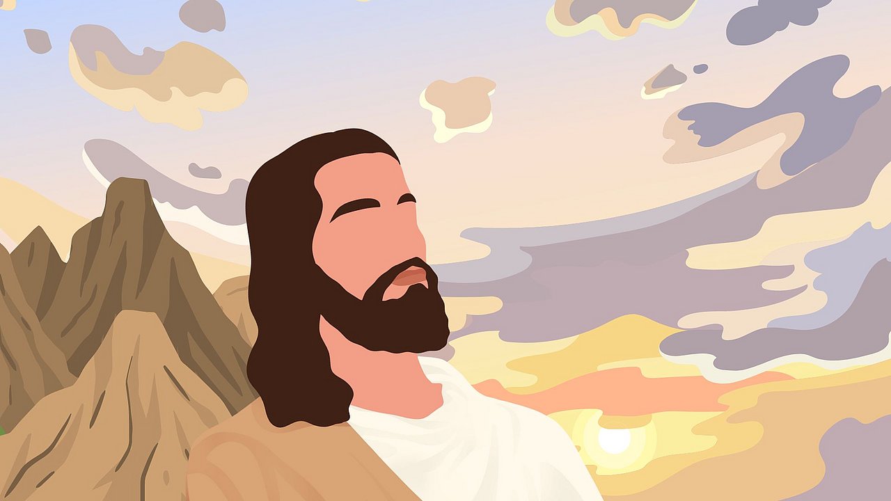 Bild von Jesus, wie er in einen Sonnenaufgang schaut