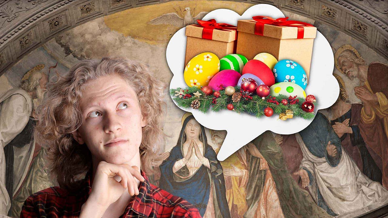 Junger Mann denkt an Geschenke und Ostereier