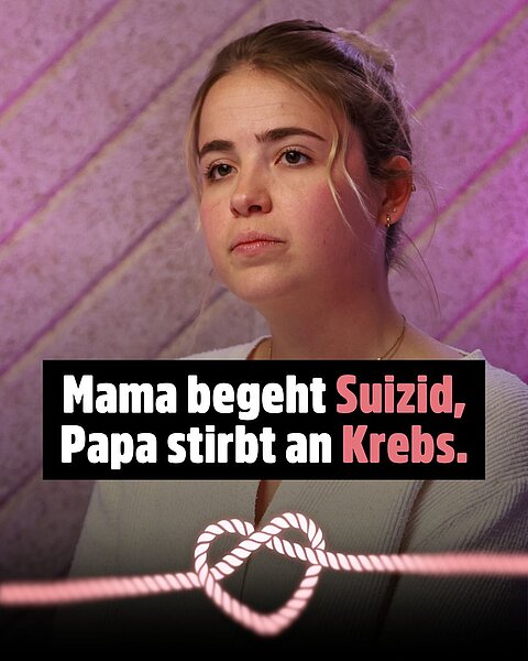 Eine junge Frau vor pinkem Hintergrund. Sie blickt ernst und hat dunkelblonde Haare. Text: Mama begeht Suizid, Papa stirbt an Krebs.