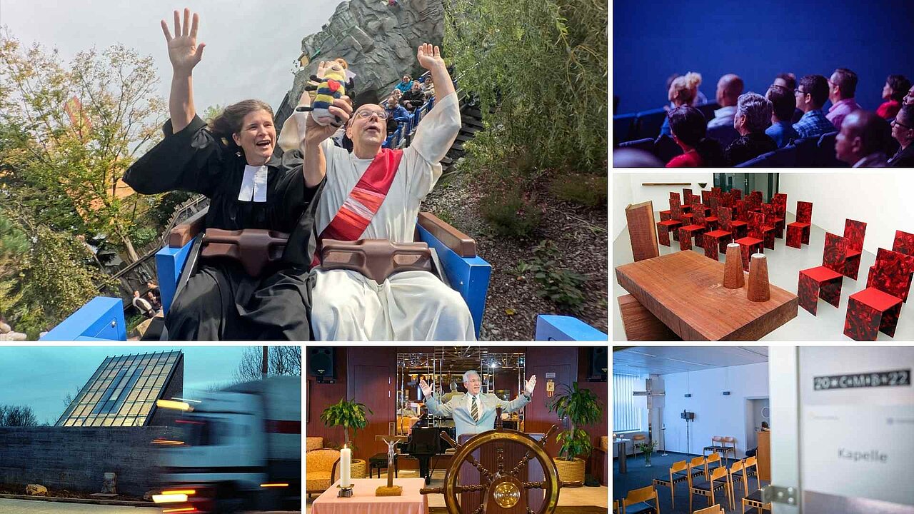 Collage mit Szenen von ungewöhnlichen Kirchen: Europapark, Kino, Fußballstadion, Autbahn, Kreuzfahrtschiff, Flughafen