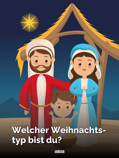 Comic-Figuren der heiligen Familie, im Hintergrund die Krippe. Dazu der Text: Welcher Weihnachtstyp bist du?