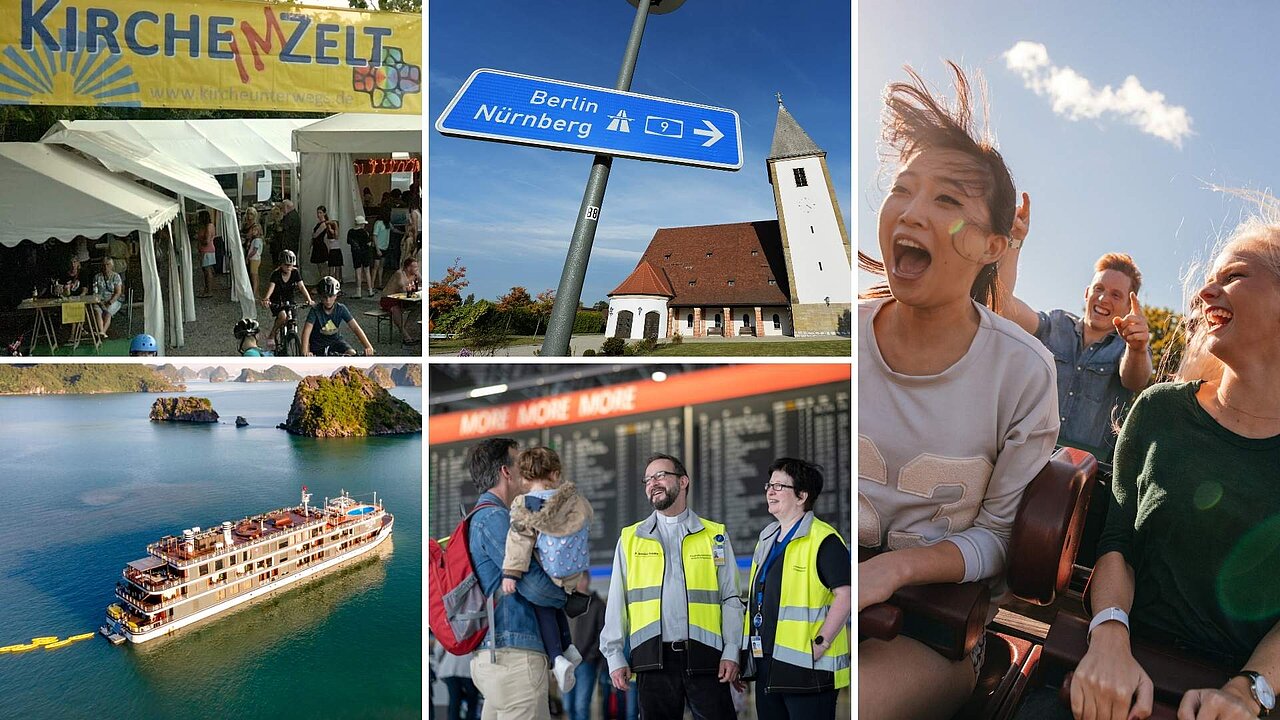 Collage aus fünf Bildern: Kirche im Zelt, Autobahnkirche, Kreuzfahrtschiff, am Flughafen und auf der Achterbahn