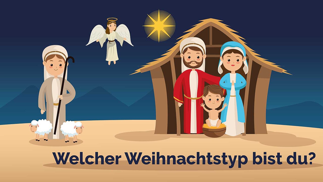 Comic der heiligen Familie in der Krippe, mit Engel und Schafhirte