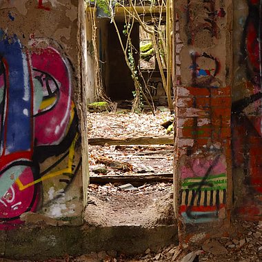 Die Ruine vom Hotel in Remagen von innen. Graffitis an den Wänden kleine Bäume wachsen im Erdgeschoss.