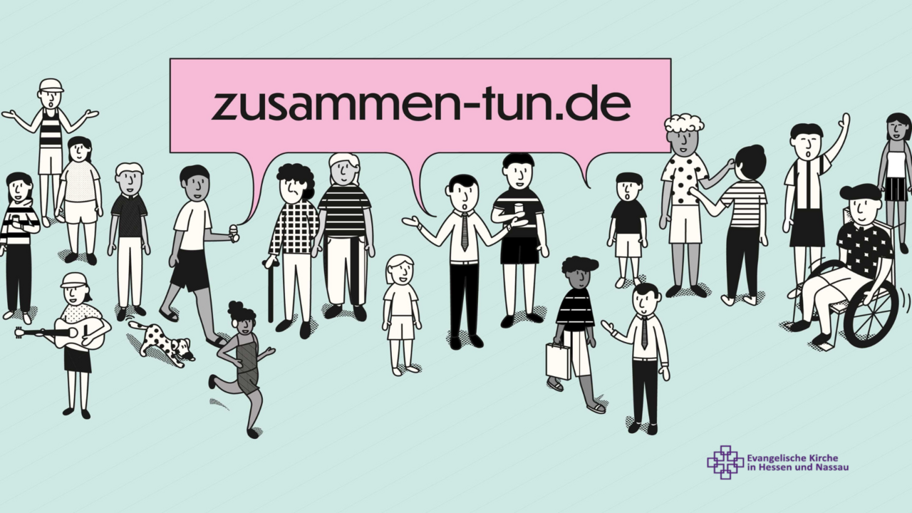 gezeichnete Figuren mit Sprechblase "zusammen-tun.de"