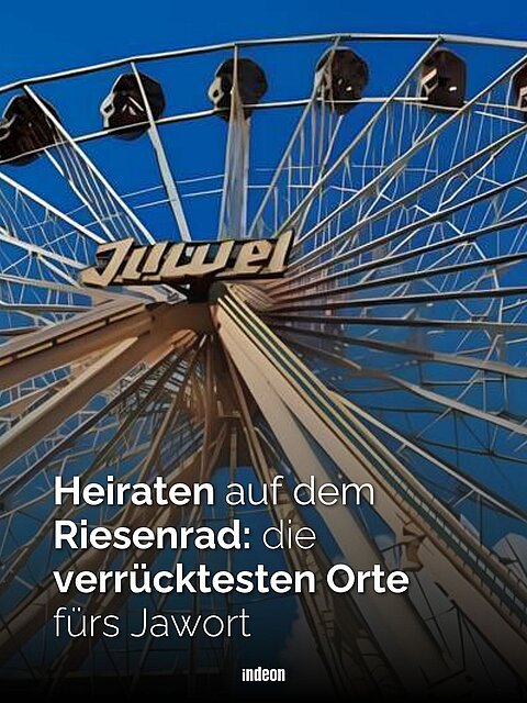 Auf dem bild sieht man eine Riesen Rad auf einem Volksfest in mainz. In einer der Gondeln geben sich Menschen das Jawort. 