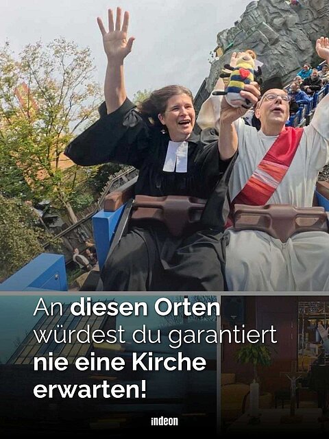 Eine Collage: oben mehrere Menschen in einer Achterbahn, im Vordergrund zwei Geistliche. Unten eine Autobahnkirche mit schrägem Dach. Text: An diesem Orten würdest du ganz bestimmt nie eine Kirche erwarten!