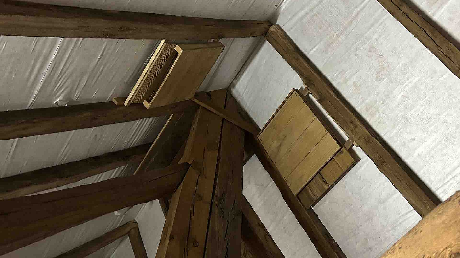 Zwei Fledermauskästen hängen auf dem Dachboden der Kirche Queichhambach