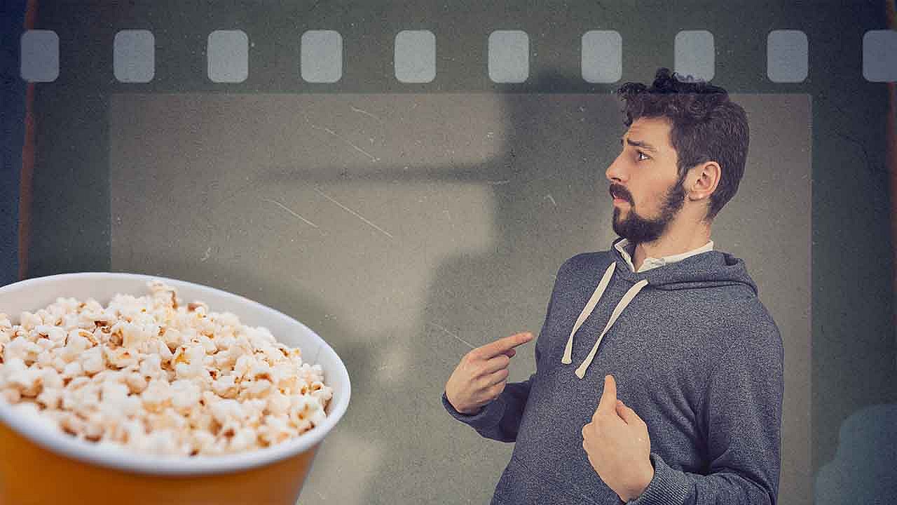 Motiv von Popcorn, einer Filmrolle und eines Mannes, der in seinem Schatten eine Pinocchio-Nase hat.