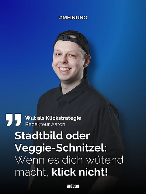 Redakteur Aaron. Dazu der Kommentar-Text: "Stadtbild oder Veggie-Schnitzel: Wenn es dich wütend macht, klick nicht!"