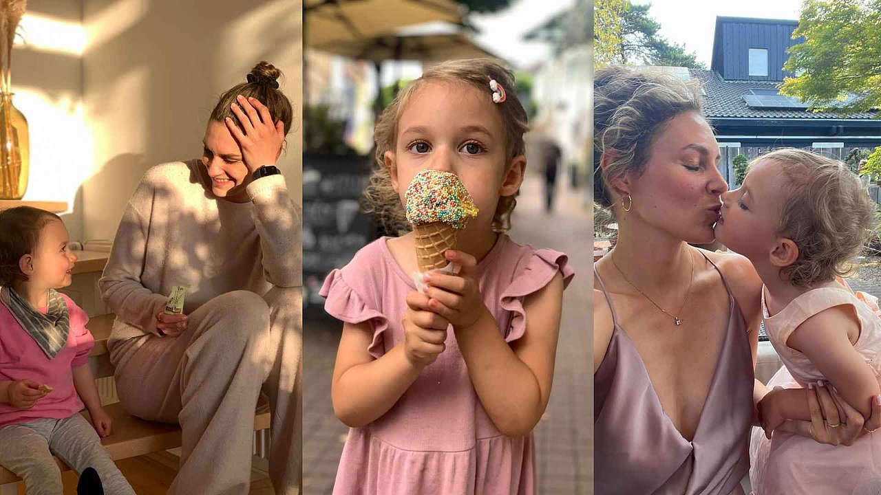 Collage aus Bildern von Kim und ihrer Tochter Mia. Mutter und Tochter sehen sich an, Mia isst ein Eis und die beiden geben sich einen Kuss