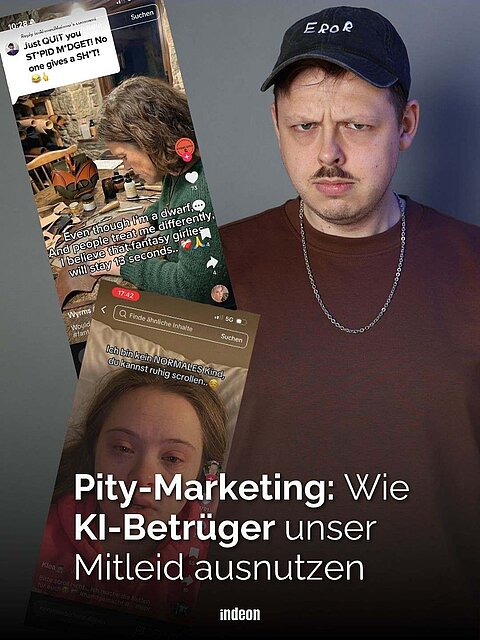 Redakteur Aaron von indeon mit Mütze, braunem Shirt und Kette guckt kritisch. Dazu Screenshots von betrügerischen Profilen auf denen mit KI-Content angebliches Kunsthandwerk angeboten wird. Text: "Pity-Marketing: wie KI-Betrüger unser Mitleid ausnutzen."
