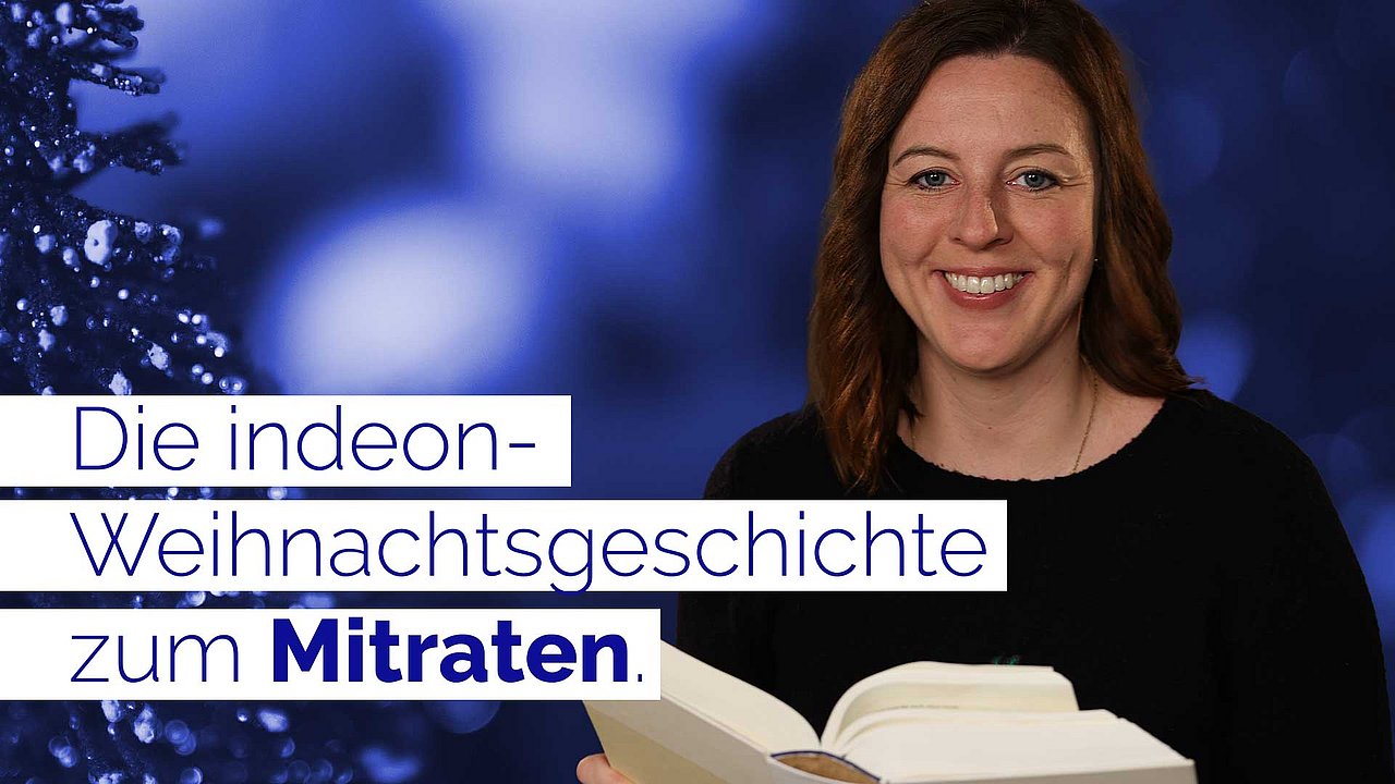 Text: Die indeon-Weihnachtsgeschichte zum Mitraten. Im Hintergrund Lara mit der Bibel und ein Weihnachtsbaum.