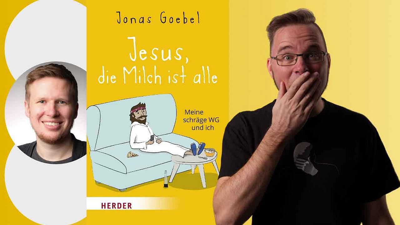 Buchcover von Jesus, die Milch ist alle + Seba, der sich die Hand vor dem Mund hält