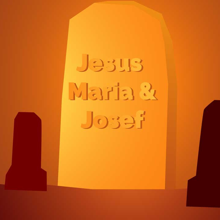 Auf einem Grabstein: Jesus, Maria & Josef