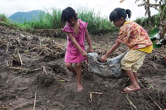 Kinderarbeit auf Zuckerrohrfeldern: Reyca Jay und Karylle Occeñola sammeln kleine Zuckerrohr-Stecklinge auf einem Feld, die dann in den Boden gepflanzt werden. 