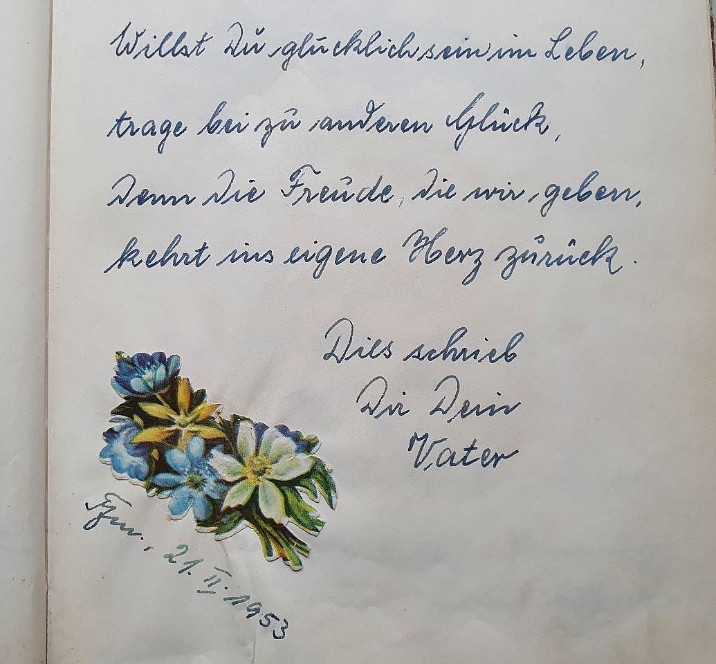 Text: Willst du glücklich sein im Leben, trage bei zu andrer Glück. Denn die Freude, die wir geben, kehrt ins eigne Herz zurück.