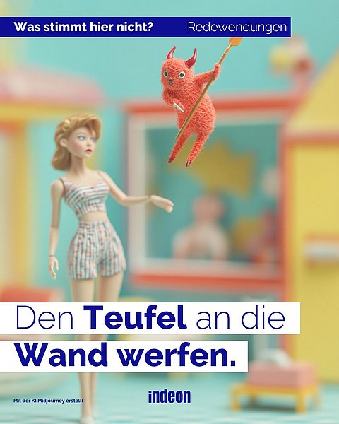 Eine Plastikpuppe in Retro-Badeanzug steht vor einem verschwommenen Hintergrund. Ein roter Teufel mit lanzettenförmigem Schwanz wird mit einem Stock hochgehalten. Der Schriftzug "Den Teufel an die Wand werfen" und "Was stimmt hier nicht? Redewendungen" ist zu sehen. Unten das Logo "indeon".