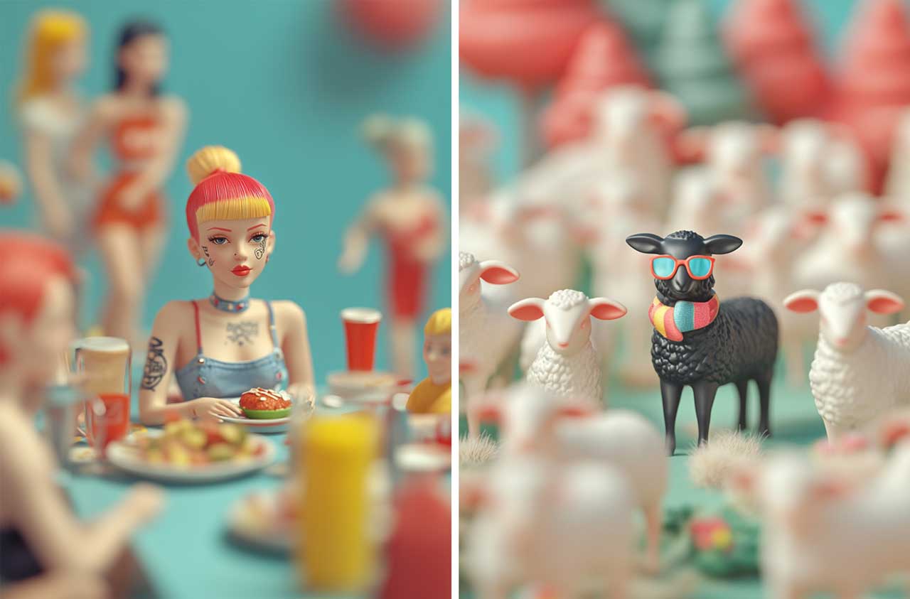 Splitscreen: links: Eine Miniatur-Modellfigur eines jungen Erwachsenen mit bunten Haaren, vielen Piercings und einem sichtbaren Tattoo auf der Schulter sitzt selbstbewusst und entspannt auf Augenhöhe an einem Spielzeug-Familientisch, umgeben von anderen Modellfiguren, die sie mit Seitenblicken oder hochgezogenen Augenbrauen anschauen, auf dem Tisch veganes Essen wie eine Frikadelle, Kartoffelsalat, Getränke, die Hauptfigur wirkt selbstsicher und gelassen, nicht trotzig, verspielte und leicht angespannte Atmosphäre, pastellige und poppige Farben, Vintage-Kitsch trifft retro-futuristisch, Spielzeugmodell, Modellbausatz-Stil, matte Oberfläche, sommerlicher Nachmittag, helles Sonnenlicht, spielzeughafte Details, alles scharf und detailreich, keine Unschärfe, nicht cartoonhaft, keine Illustration, nicht flach, keine Draufsicht, nicht Barbie | rechts: Eine Herde weißer Spielzeug-Modellschafe steht auf einer Miniaturwiese, mittendrin ein selbstbewusstes schwarzes Schaf, das ein verspieltes Accessoire trägt, z. B. Sonnenbrille, Halstuch oder bunte Blume, die weißen Schafe schauen neugierig oder bewundernd, freundliche und ironische Atmosphäre, pastellige und poppige Farben, Vintage-Kitsch trifft retro-futuristisch, Spielzeugmodell, Modellbausatz-Stil, matte Oberfläche, spielzeughafte Details, alles scharf und detailreich, keine Unschärfe, nicht cartoonhaft, keine Illustration, nicht flach