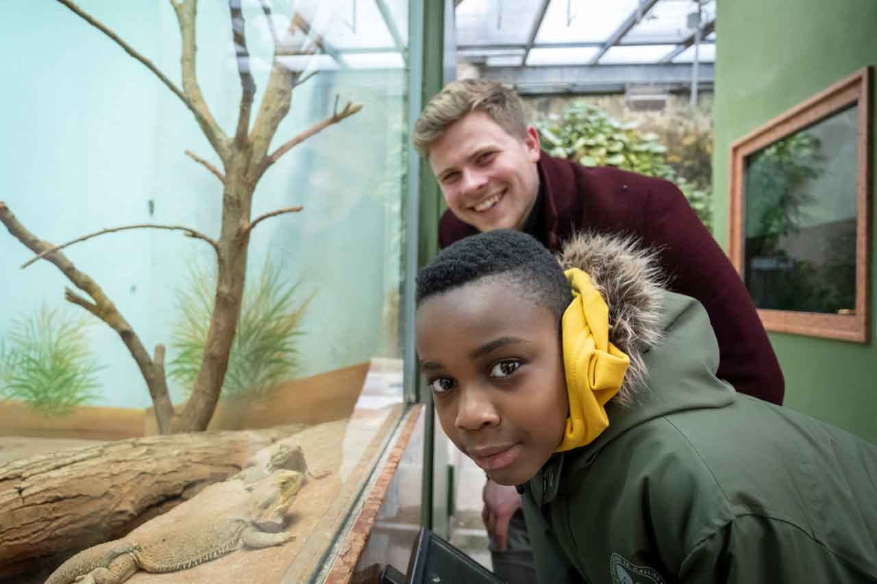 Student Mathias und Grundschüler Richmond sind gemeinsam im Zoo. Sie stehen vor einem Terrarium. 