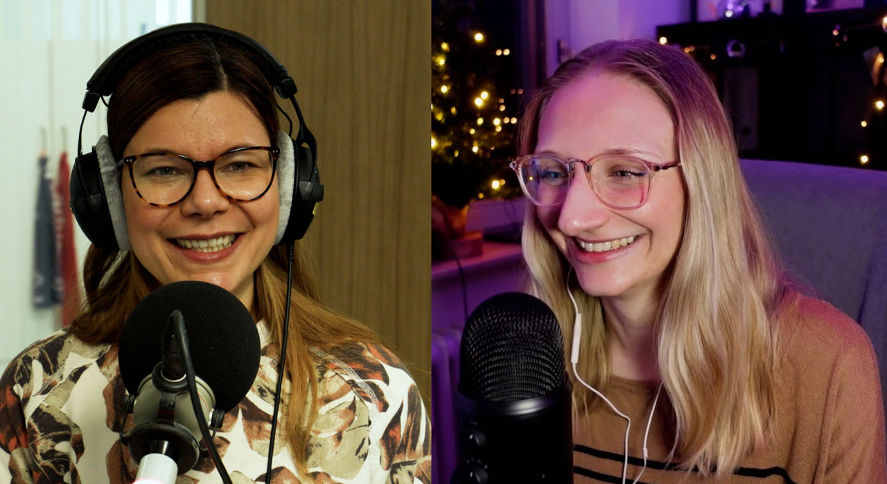 Host Charlott Mattes am Mikro, daneben im Splitscreen Daniela-Marlin Jakobi