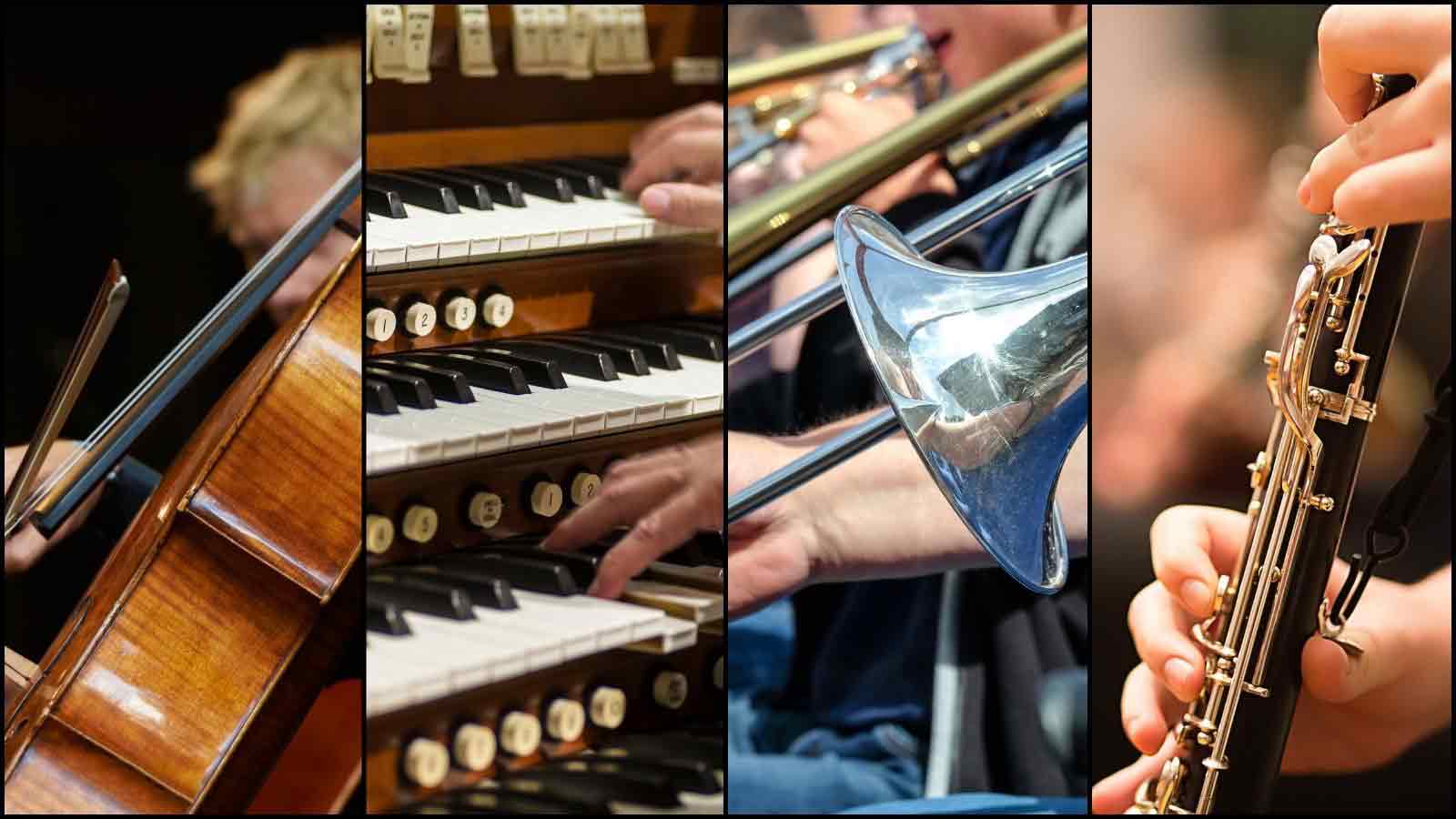 Menschen spielen Orgel, Posaunen, Streichinstrumente und Oboe