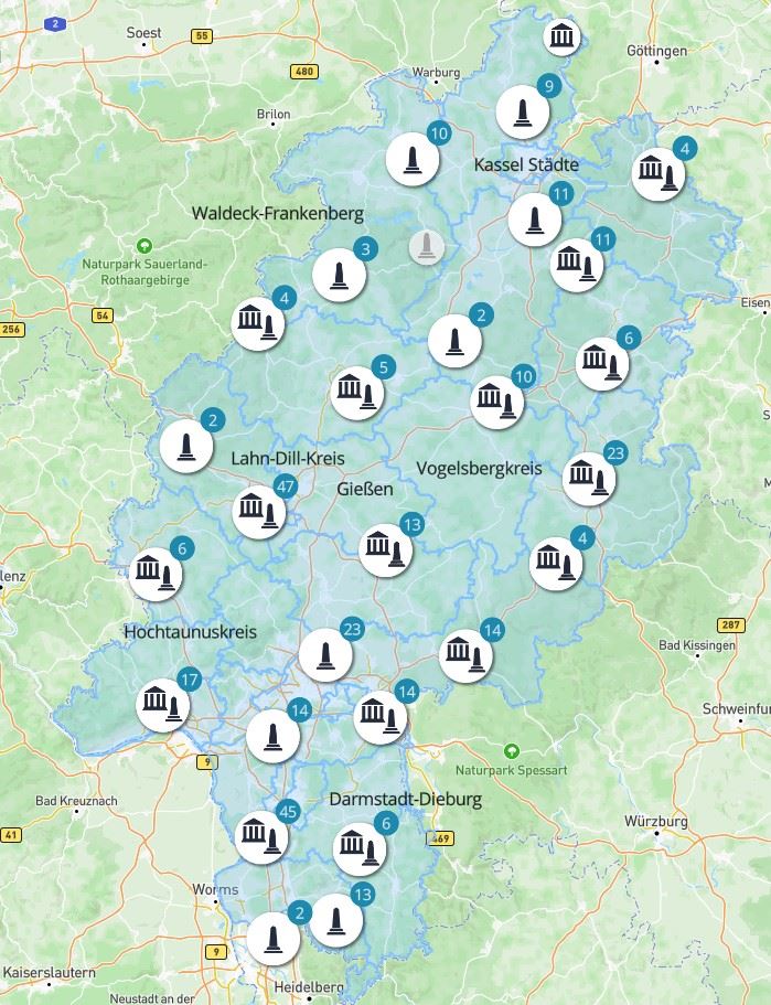 Landkarte des Bund der Vertriebenen Hessen zu Erinnerungsorten 