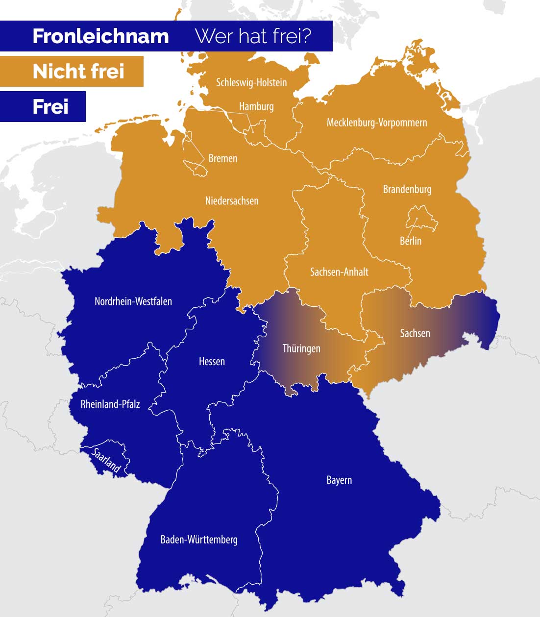 Deutschlandkarte auf der farbig markiert ist, wer an Fronleichnam frei hat. 