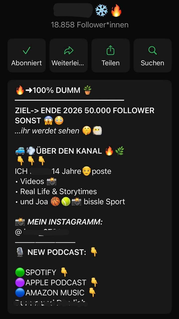 Screenshot einer Kanal-Info-Seite in einer Social-Media-App. Oben steht ein teilweise geschwärzter Kanalname, daneben Schneeflocken- und Flammen-Emoji. Darunter die Angabe „18.858 Follower*innen“.  Es folgen vier Schaltflächen mit Icons: „Abonniert“ (mit Häkchen), „Weiterleiten“, „Teilen“ und „Suchen“.  Darunter ein längerer Beschreibungstext mit Emojis:  „→100% DUMM“ mit Flammen- und Pflanzen-Emoji „ZIEL → ENDE 2026 50.000 FOLLOWER SONST“ mit schockierten Emojis, danach „… ihr werdet sehen“ mit Schweige- und Wolken-Emoji  Abschnitt „ÜBER DEN KANAL“ mit Pfeil-Emojis nach unten:  „ICH [Name geschwärzt] 14 Jahre“ „poste“ „Videos“ mit Kamera-Emoji „Real Life & Storytimes“ „und Joa“ mit Basketball-, Tennisball- und Kamera-Emoji, ergänzt um „bissle Sport“  Darunter: „MEIN INSTAGRAMM:“ gefolgt von einem geschwärzten Nutzernamen.  Nächster Abschnitt: „NEW PODCAST:“ mit Mikrofon-Emoji und Pfeil nach unten. Auflistung von Plattformen mit farbigen Kreisen:  „SPOTIFY“ (grün) „APPLE PODCAST“ (lila) „AMAZON MUSIC“ (blau) jeweils mit Pfeil nach unten.  Ein Link darunter ist teilweise geschwärzt.