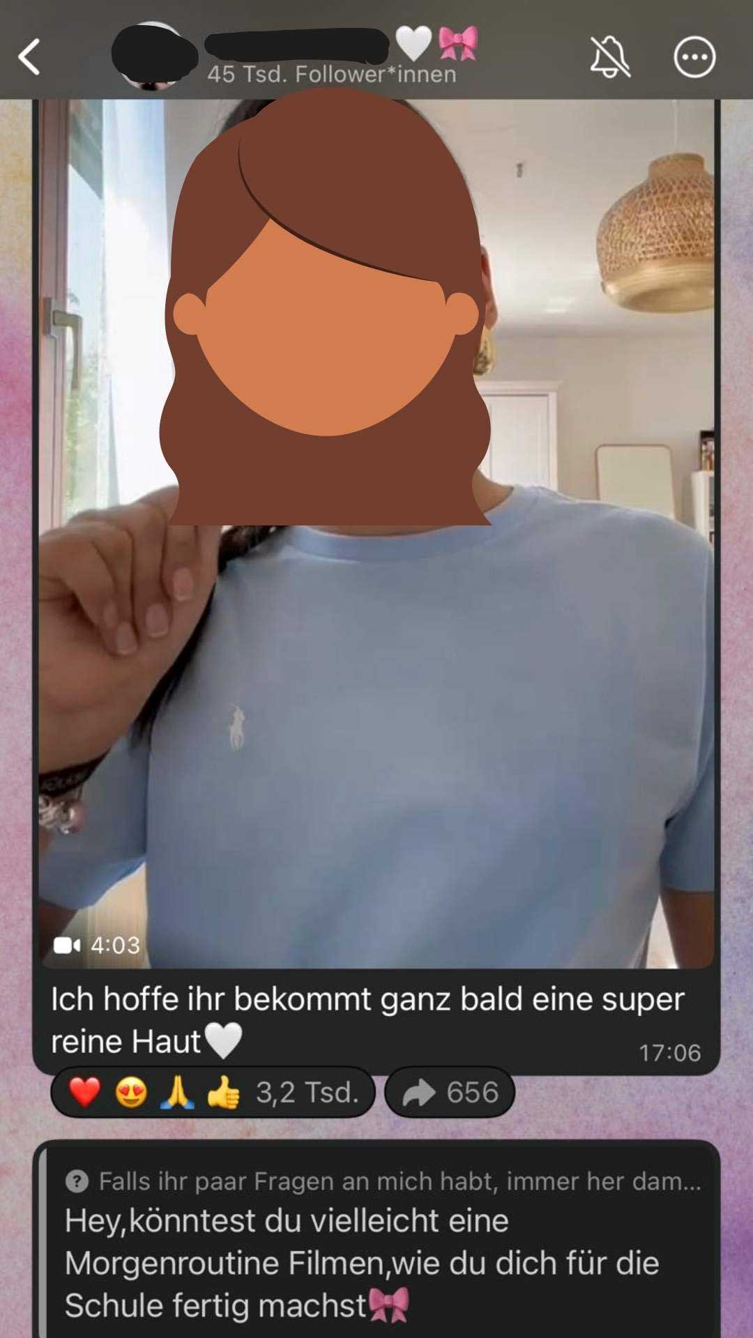 Ein Whatsapp-Kanal mit 45.000 Followern. Auf dem Vorschaubild fürs Video ein unkenntlich gemachtes Mädchen, dazu der Text: Ich hoffe ihr bekommt ganz bald eine super reine Haut. 3,2 tausend Reaktionen und 656 Weiterleitungen. 
