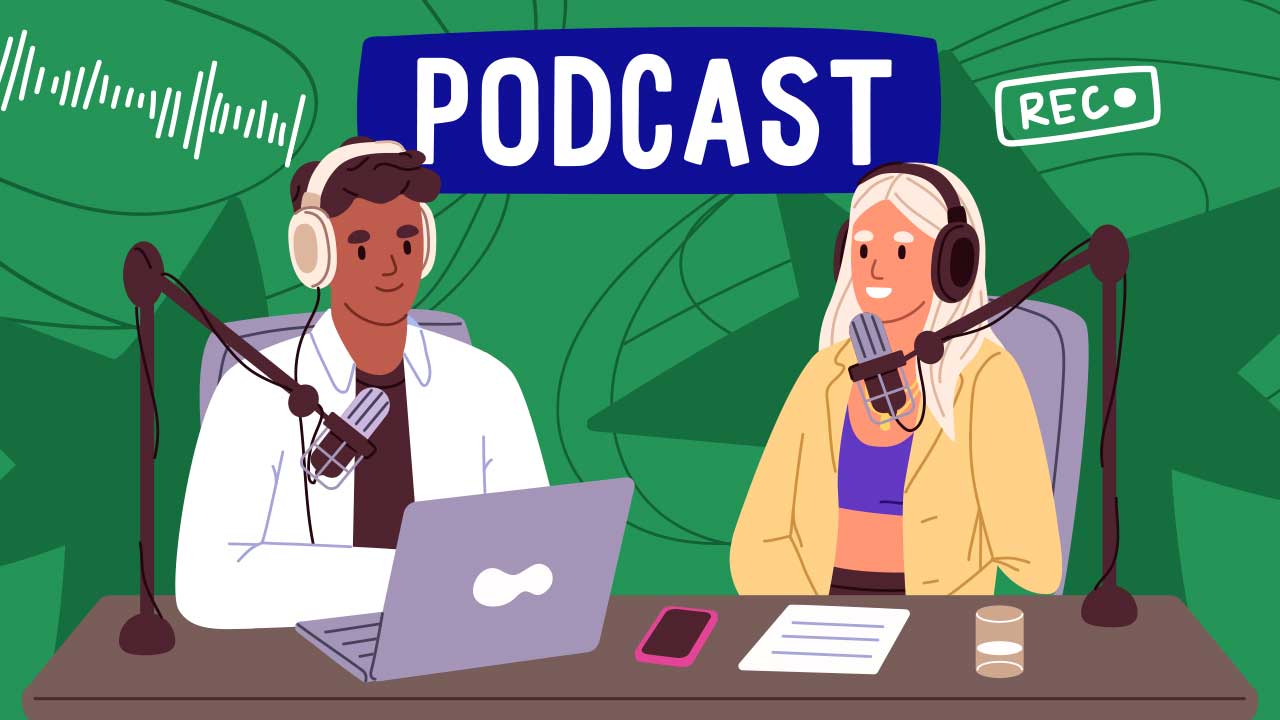 Grafik: 2 Hosts an den Mikrofonen. Im Hintergrund der Text „Podcast“.